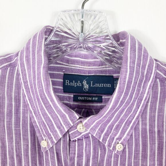nwot RALPH LAUREN Shirt Dress Tunic M Linen Purple Stripe Logo RawEdge Button-Up - Picture 5 of 9